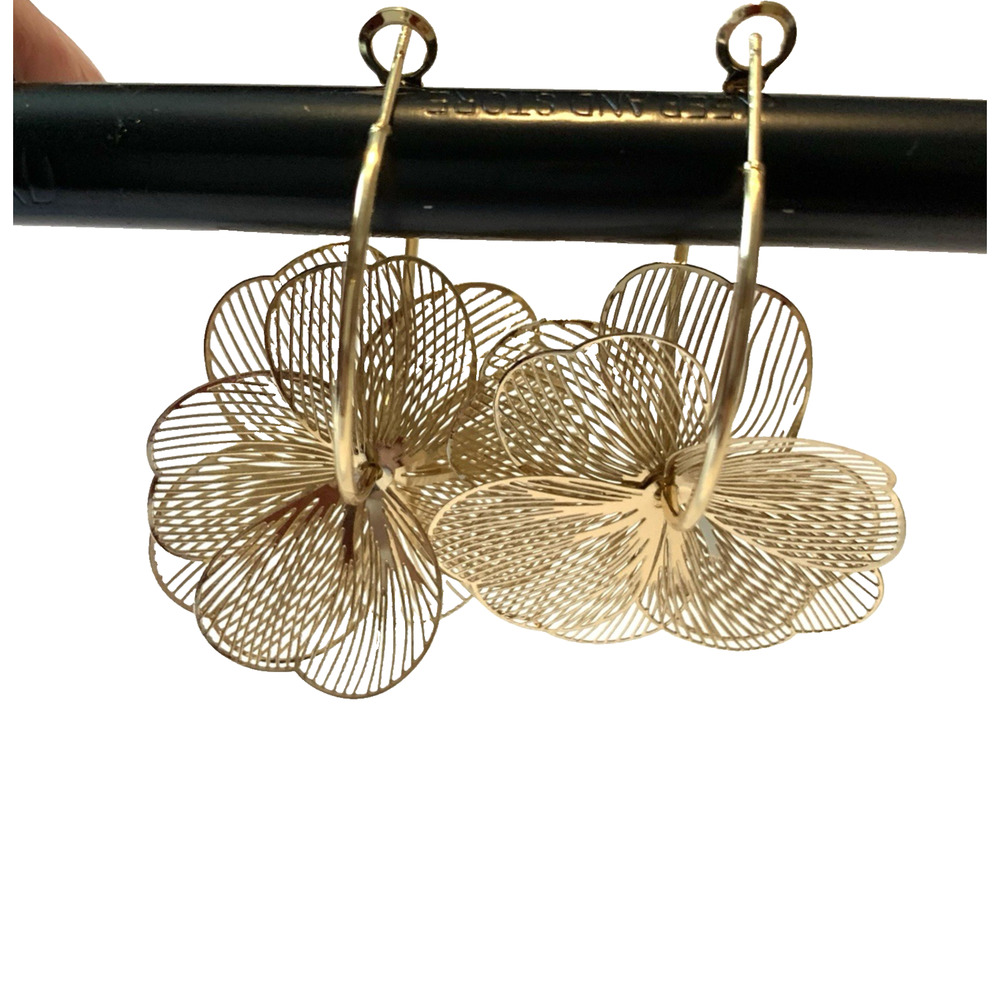Lg Gold Tone Metal Filigree Flower Statement Earrings Hoops Pierced Lever Back
